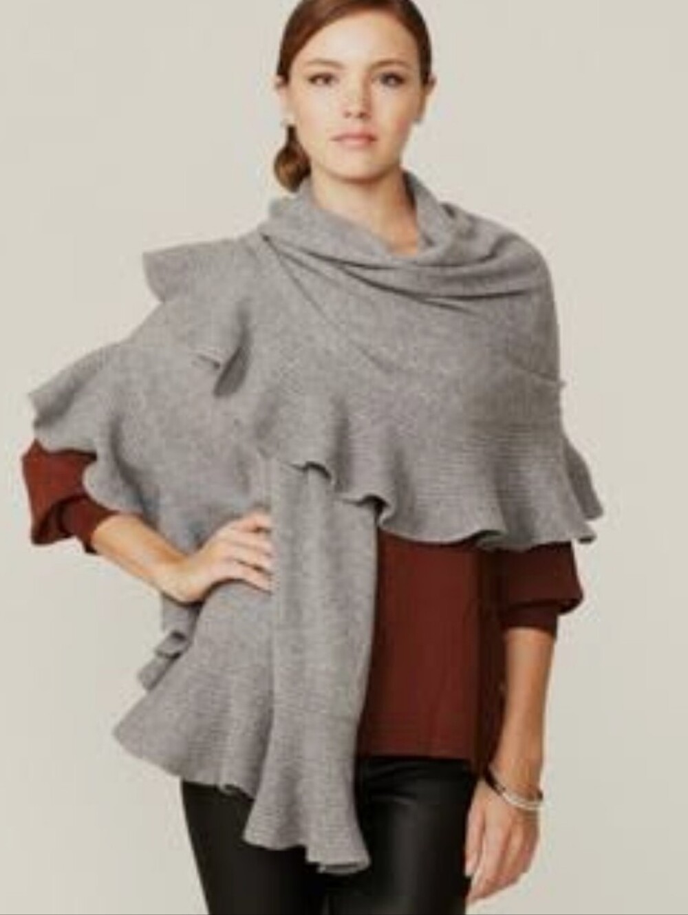 Ruffle-Trim Gray Knit Wrap Shawl - Women's Scarf